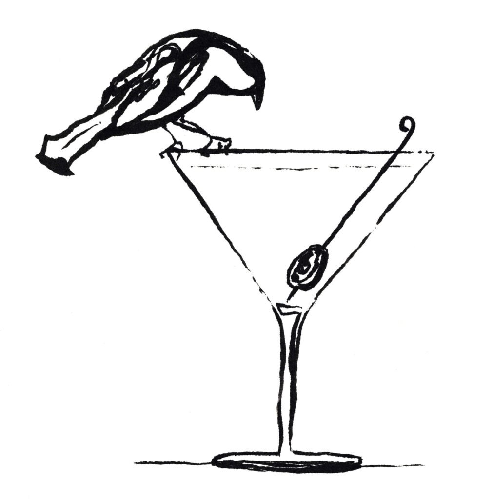 An Illustration of a chickadee bird sitting on top of a martini glass.